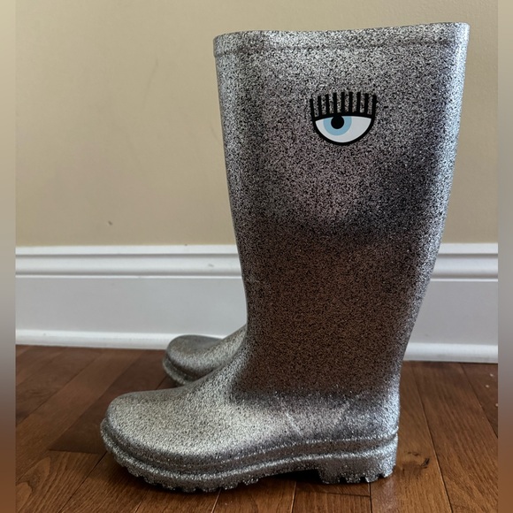 Chiara Ferragni SILVER GLITTER RAIN BOOTS in Size 38
